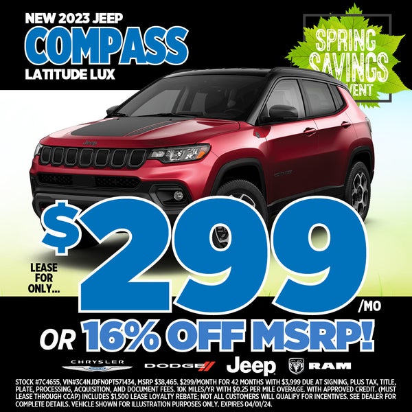 Lease for $299/mo 2023 Jeep Compass Latitude LUX