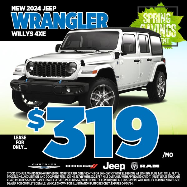 Lease for $319/mo 2024 Jeep Wrangler Willys 4xe